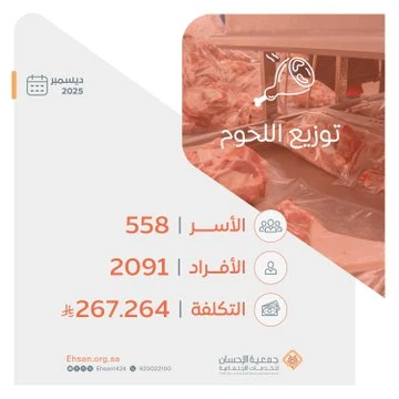 الجمعية توزع اللحوم الطازجة على 558 أسرة مكفولة بتكلفة 257,264 ريال خلال ديسمبر 2025م